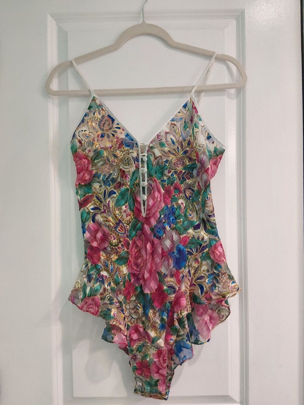 VINTAGE 90s Victoria's Secret Gold Label Floral Teddy Bodysuit Chiffon Lurex S